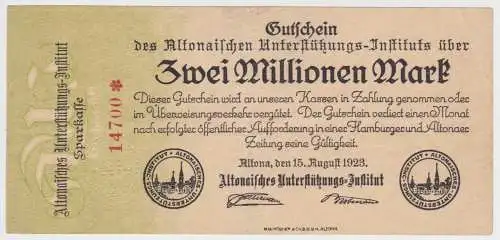 2 Millionen Mark Banknote Altona Unterstützungs Institut 15.8.1923 (148691)