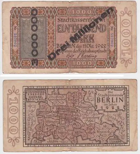 3 Millionen Mark Banknote Berlin 1923 Überdruckausgabe auf 1000 Mark (156509)