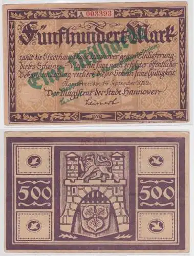 1 Milliarde Mark Banknote Stadt Hannover 1923 auf 500 Mark 14.9.1922 (156494)