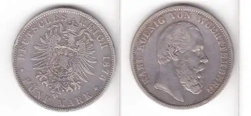 5 Mark Silbermünze Württemberg König Karl 1876 Jäger 173  (110964)