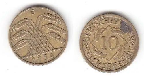 10 Pfennig Messing Münze Weimarer Republik 1934 G Jäger 317 (112596)