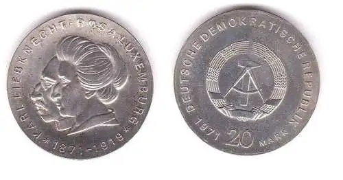 DDR Gedenk Münze 20 Mark Liebknecht Luxemburg 1971 Silber (119628)