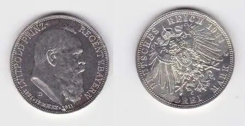 3 Mark Silbermünze Bayern Prinzregent Luitpold 1911 Jäger 49 Stgl. (130860)