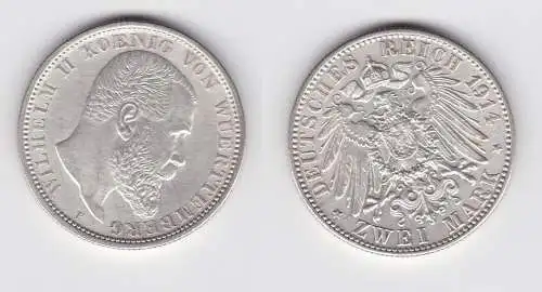 2 Mark Silbermünze Württemberg König Wilhelm II 1914 Jäger 174  (151285)