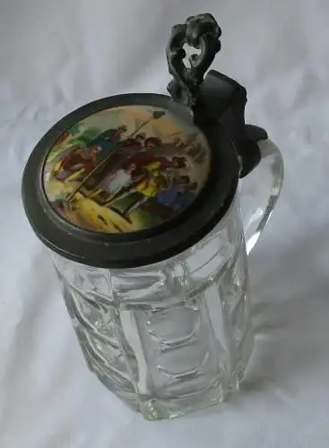 0,5L Bierkrug Glaskrug mit Porzellanbilddeckel um 1850 (140880)