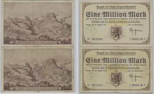 2x 1 Million Mark Banknoten Inflation Stadt Singen Hohentwiel 30.8.1923 (149464)