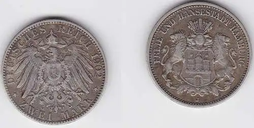 2 Mark Silbermünze Freie und Hansestadt Hamburg 1902 Jäger 63 ss+ (150695)