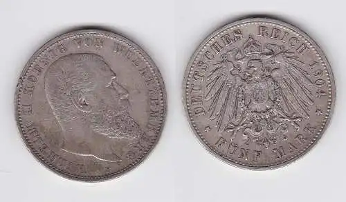 5 Mark Silbermünze Württemberg König Wilhelm II 1904 Jäger 176 ss (150083)