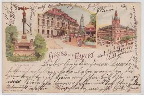 70919 Ak Lithographie Gruß aus Erfurt Regierung, Hauptpost, Kriegerdenkmal 1904