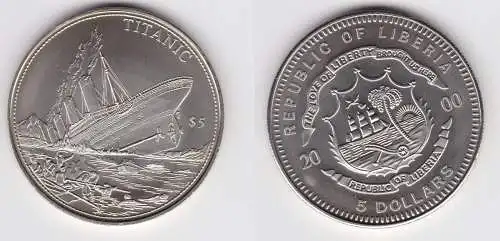 5 Dollar Nickel Münze Liberia 2000 Untergang Titanic Stgl. (128277)