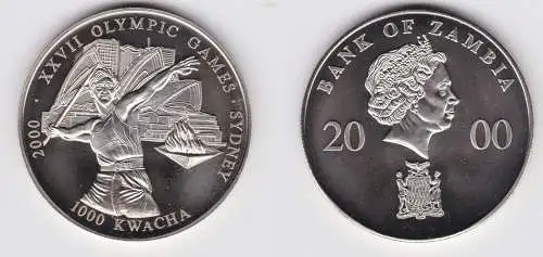 1000 Kwacha Nickel Münze Sambia Zambia 2000 Olympiade Sydney Stgl. (125524)