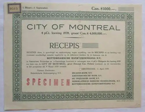 1000 Kanadische Dollar Aktie City of Montreal Amsterdam 1939 (138780)