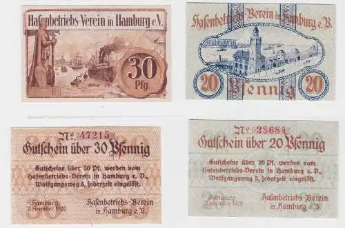 20 & 30 Pfennig Banknoten Notgeld Hamburg Hafenbetriebsverein 1920 (126139)