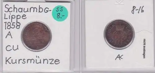 2 Pfennig Kupfer Münze Schaumburg - Lippe 1858 A (120574)