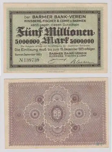 5 Millionen Mark Banknote Inflation Notgeld Barmer Bank-Verein 1923 (135698)