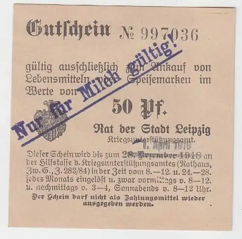 50 Pfennig Lebensmittel Gutschein Stadt Leipzig 1.April 1919 (120765)