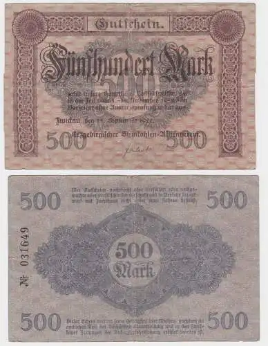 500 Mark Banknote Zwickau Erzgeb. Steinkohlen Aktienverein 15.9.1923 (121379)