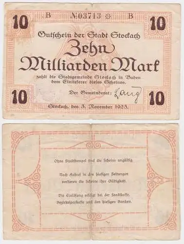 10 Milliarden Mark Banknote Stadtgemeinde Stockach 3.11.1923 (121596)