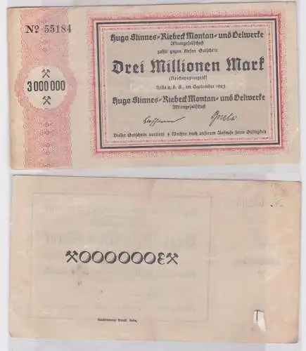 3 Millionen Mark Banknote Halle Hugo Stinnes Riebeck Montan 1923 (112399)