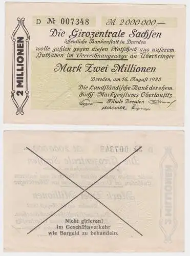 2 Millionen Mark Banknote Girozentrale Sachsen Dresden 16.08.1923(121508)