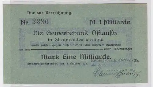 1 Milliarde Mark Banknote Gewerbebank Strahwalde Herrnhut 18.10.1923 (124597)