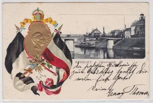 61102 Fahnen Präge Ak Ruhrort Hafenmund Kaiser Wilhelm II. 1905