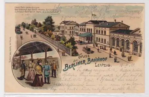 95396 Ak Lithographie Gruß vom Berliner Bahnhof Leipzig 1900