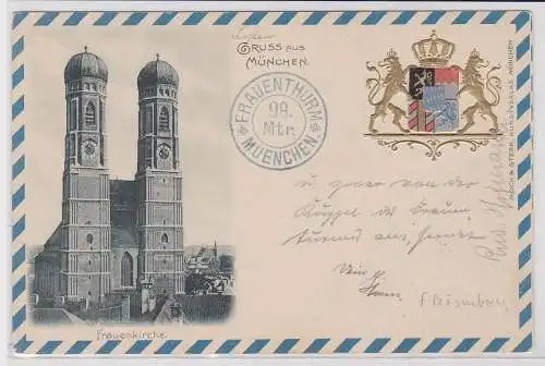 71294 AK Gruss aus München - Frauenkirche und bayrisches Staatswappen 1901