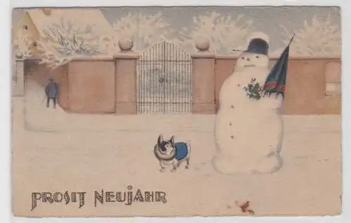 74457 Ak Prosit Neujahr: Schneemann und Hund auf verschneiter Straße um 1920