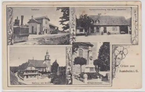 73267 Mehrbild Ak Gruss aus Auenheim - Bahnhof, Rathaus mit Kirche usw. um 1910