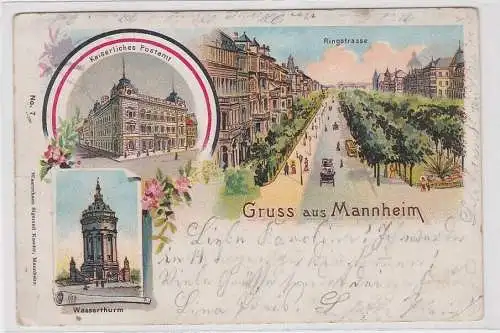 37284 Ak Lithographie Gruß aus Mannheim Ringstraße, Postamt, Wasserturm 1900