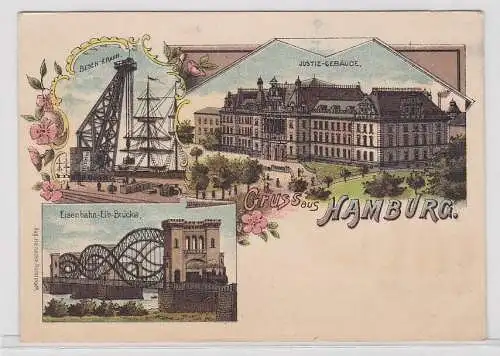 90408 Lithographie Ak Gruss aus Hamburg - Riesen-Krahn, Eisenbahn-Elb-Brücke