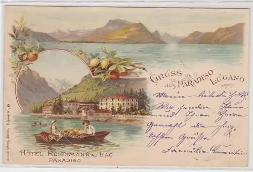 03608 Ak Lithographie Gruß vom Paradiso Lugano Hotel Reichmann 1898