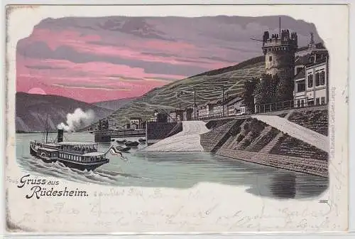 80556 Ak Lithographie Gruß aus Rüdesheim Rhein mit Dampfer 1900