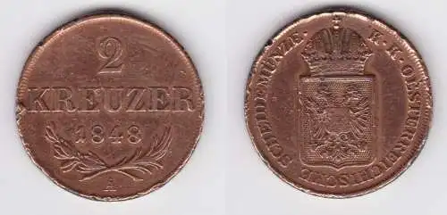 2 Kreuzer Kupfer Münze Österreich 1848 A ss (155655)