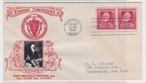 906498 Ersttagsbrief USA Famous Americans John Greenleaf Whittier 1940 FDC Cover