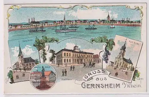 908123 Ak Lithographie Gruß aus Gernsheim am Rhein Ortsansichten um 1910