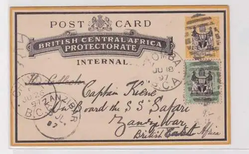 907245 Postkarte British Central Africa Protectorate Zomba Chinde Zanzibar 1897