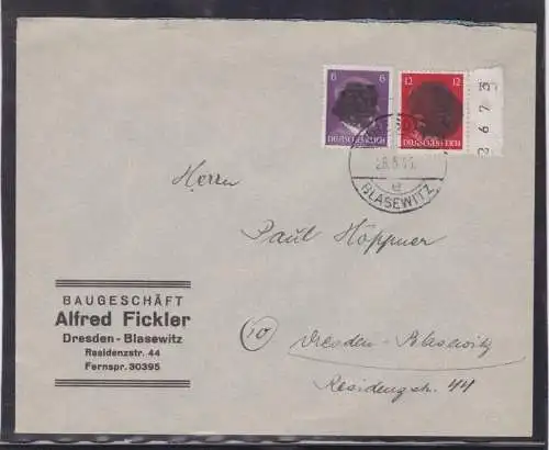 907420 Brief SBZ Bundesland Sachsen Schwärzung 1945 OPD Dresden AP 785 + 827