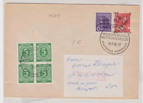 907196 Brief SBZ Bezirksstempel-Aufdruck Dresden Brandschutz 1948