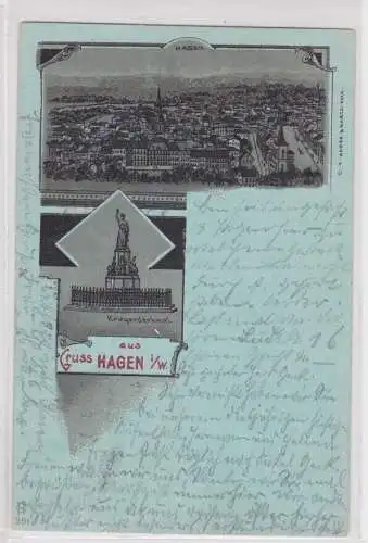 908419 Lithographie Ak Gruss aus Hagen - Totalansicht, Kriegerdenkmal 1900
