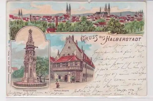 907715 Lithographie Ak Gruss aus Halberstadt - Kriegerdenkmal, Rathaus 1901