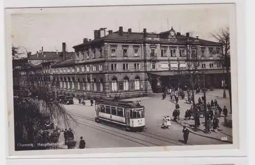 906299 AK Chemnitz - Hauptbahnhof, Straßenansicht mit Straßenbahn 1929
