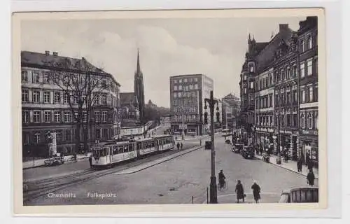 906409 AK Chemnitz - Falkeplatz, Straßenansicht mit Straßenbahn 1935