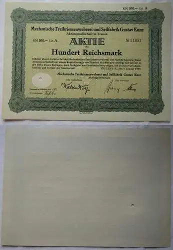 100 RM Aktie Mechanische Treibriemenweberei & Seilfabrik Treuen 1938 (139765)