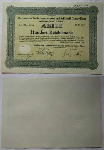100 RM Aktie Mechanische Treibriemenweberei & Seilfabrik Treuen 1938 (137938)