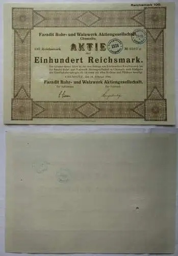 100 RM Aktie Faradit Rohr- & Walzwerk AG Chemnitz 14.Februar 1934 (138093)