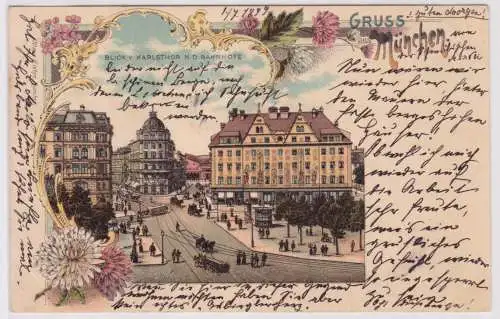 902031 Ak Lithographie Gruß aus München Blick vom Karlsthor n.d.Bahnhof 1900