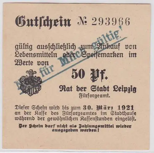50 Pfennig Lebensmittel Gutschein Stadt Leipzig 30.März 1921 (120659)
