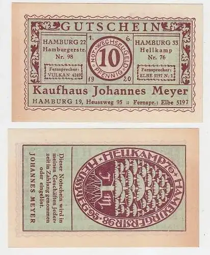 10 Pfennig NOTGELD Kaufhaus Johannes Meyer Hamburg Heussweg 95 1.6.1920 (114775)